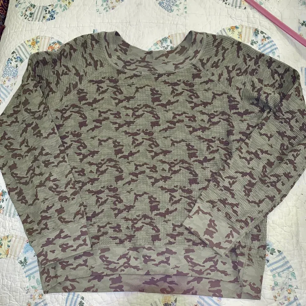 NEW OLIVE GREEN MONROW CAMO CAMOUFLAGE THERMAL WAFFLE TEE TOP - Picture 1 of 6